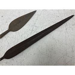 Native long-shafted spear, the large iron head with central medial ridge and decorative neck, on plain circular haft L260cm; and another similar Native long-shafted spear with cane haft L249cm (2)