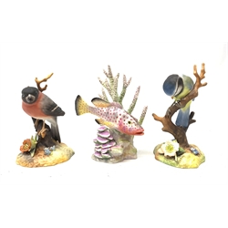 A Royal Worcester figurine modelled as a Red Hind, by R. Van Ruyckwilt, with mark beneath, H13.5cm, together with two Crown Derby figurines modelled as a Blue Tit, and Bullfinch, each with mark beneath. 