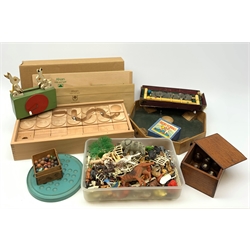 Bussey's Table Croquet Game in part box; set of eight hardwood table top bowling woods with jack in mahogany box; blue painted solitaire board with quantity of clay marbles; as new Rollo-Quick wooden rollerball kit in box with slip case; wooden Tiddlywinks game; quantity of Britains and other plastic wild animal figures etc