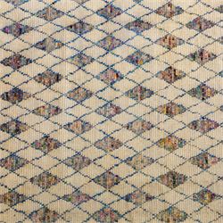 Contemporary Moroccan Berber design wool rug, cream field with blue diamond lattice, decorated with repeating multicoloured lozenge motifs, short fringe ends and bound sides
