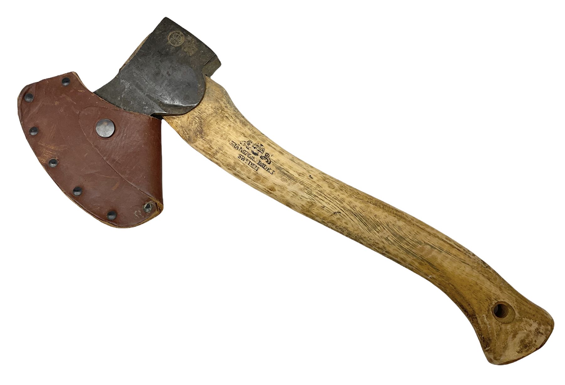 Gransfors Bruk Sweden carving axe, the head stamped both sides including smith's initials, on stamped hickory shaft, in leather sheath L43cm