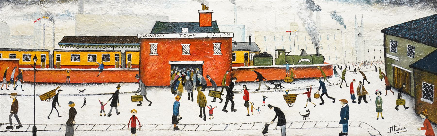 John Hanley (Northern British 1947-): 'Swinbury Town Station', oil and mixed media on board signed 30cm x 90cm