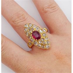 18ct gold oval cut ruby and rose cut diamond marquise shaped ring, ruby approx 1.00 carat, total diamond weight approx 1.50 carat