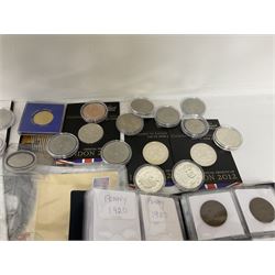 Great British and World coins, including six five pound coins relating to the London 2012 Olympic games, pre decimal coins, pre euro coinage etc and a small number of stamps