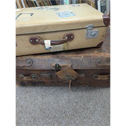 Large leather travelling trunk, together with a vintage suitcase