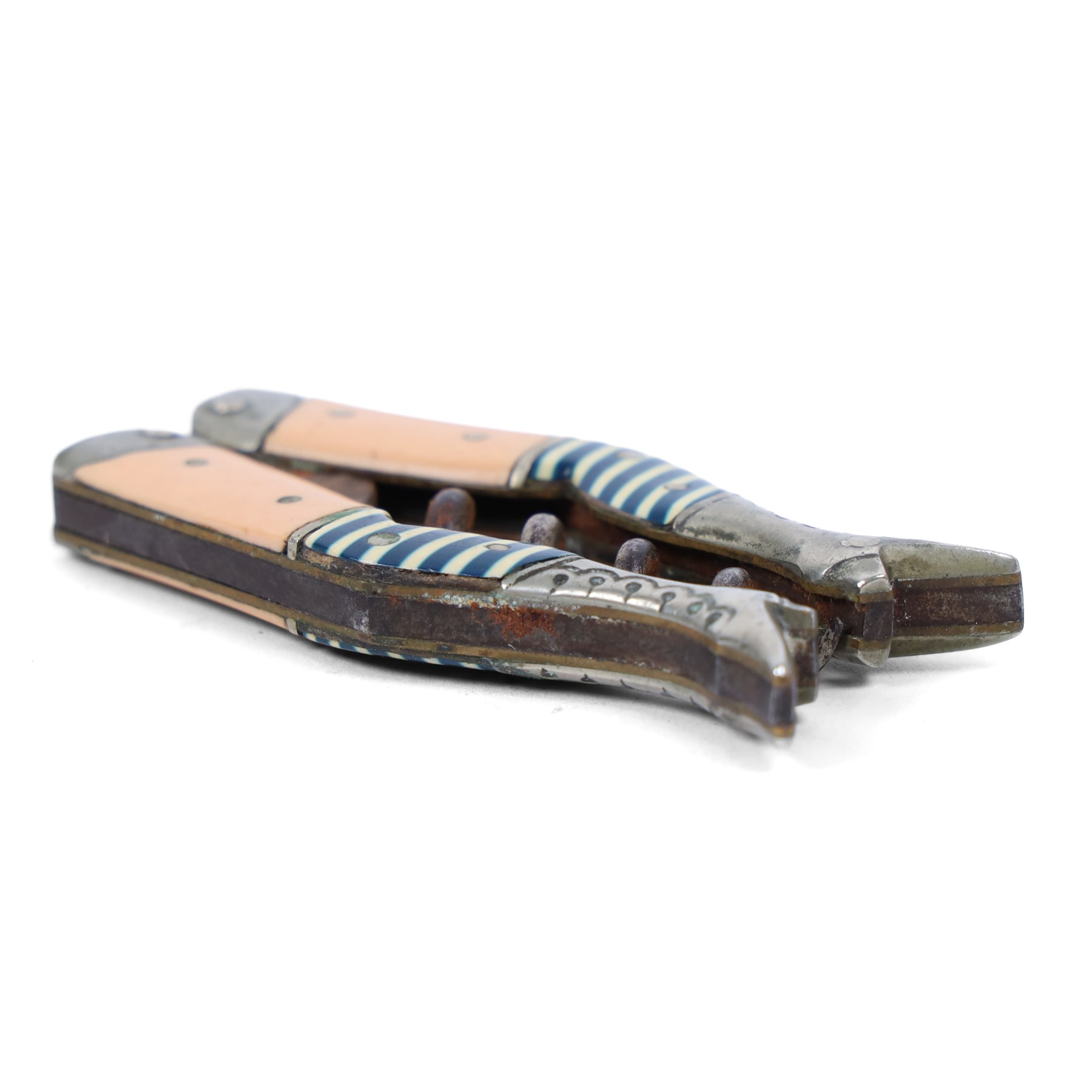 19th Century German novelty folding Corkscrew in the form of a pair of ladies legs in blue and white stockings, H7cm