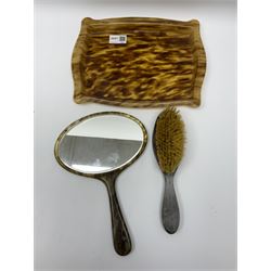 Three piece simulated tortoiseshell dressing table set, comprising mirror, brush and tray