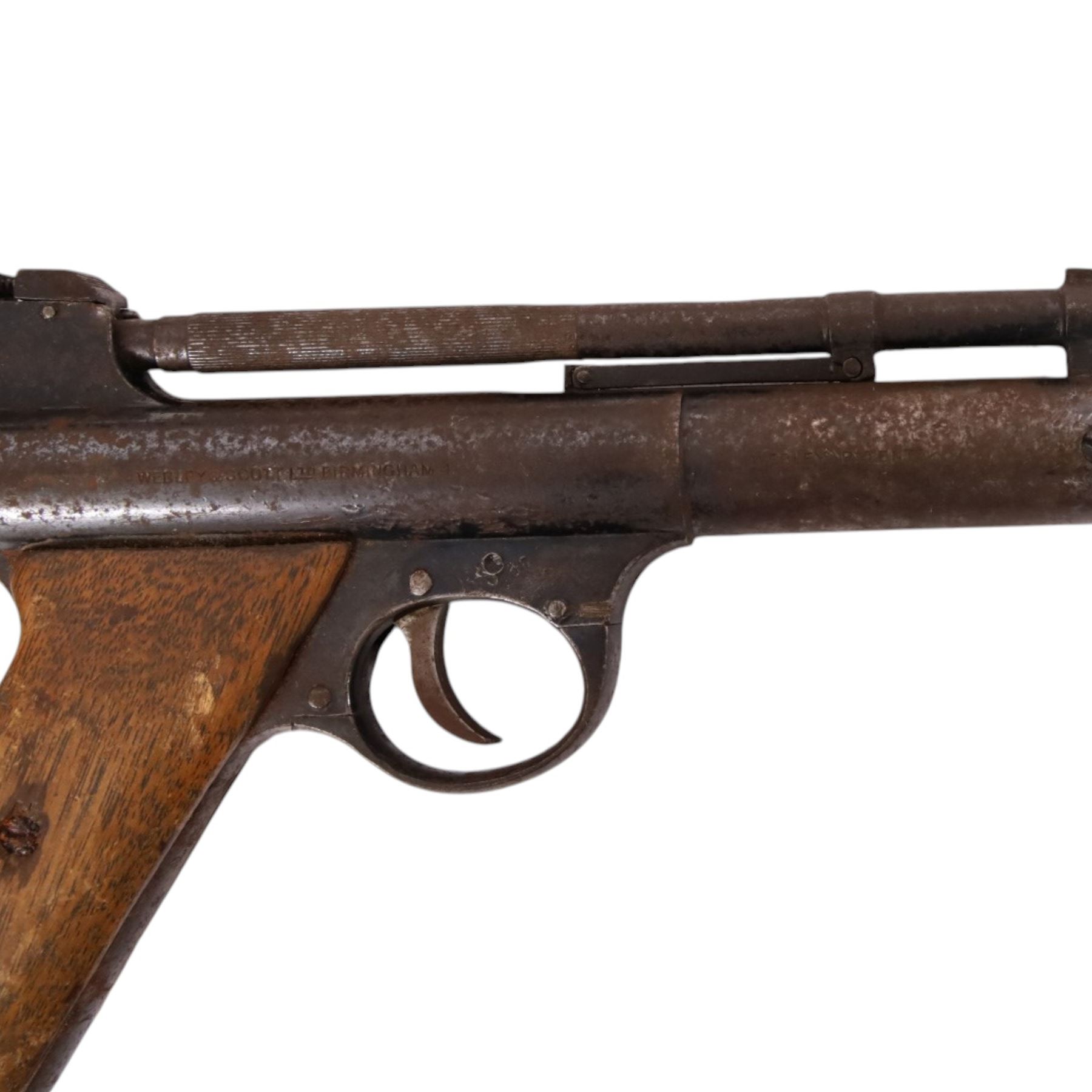 Webley Mark I .177 air pistol, the air chamber marked 'Webley Mark I Made in England, Webley & Scott Ltd Birmingham