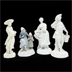 Pair of 19th century Berlin blanc de chine figures of flower sellers on circular bases, H2...