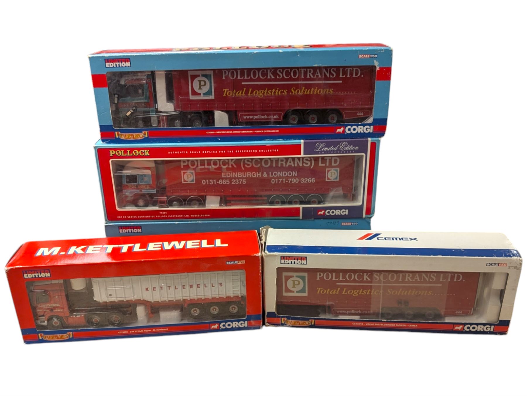 Five Corgi limited edition 1:50 scale lorries, comprising CC13608 M.Kettlewell DAF CF Bulk Tipper, C13518 Volvo FM Feldbinder Tanker, two CC18809 Mercedes Benz Actros Curtainside Pollock Scotrans Ltd and 75205 ERF EC Series Curtainside Pollock Scotrans Ltd, all boxed