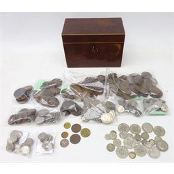  Collection of mostly Great British coins and an early 19th century mahogany tea caddy including over 100 grams of pre 1947 British silver coins, United States of America 1910 five cents, Great British pre-decimal coins, Queen Victoria pennies etc  