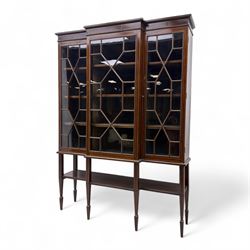 Edwardian Adam style mahogany break front display cabinet, with line inlay and plain friez...