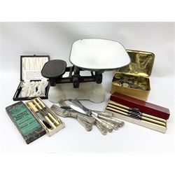 W & T Avery Ltd, Scales, with weights and a collection of flatware. 