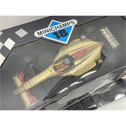 Three Minichamps '18' 1:18 scale die-cast racing cars - Jordan Peugeot 196 1996 R. Barrichello; Benetton Renault B196 G. Berger; and Williams Renault FW18 D. Hill; all boxed (3)