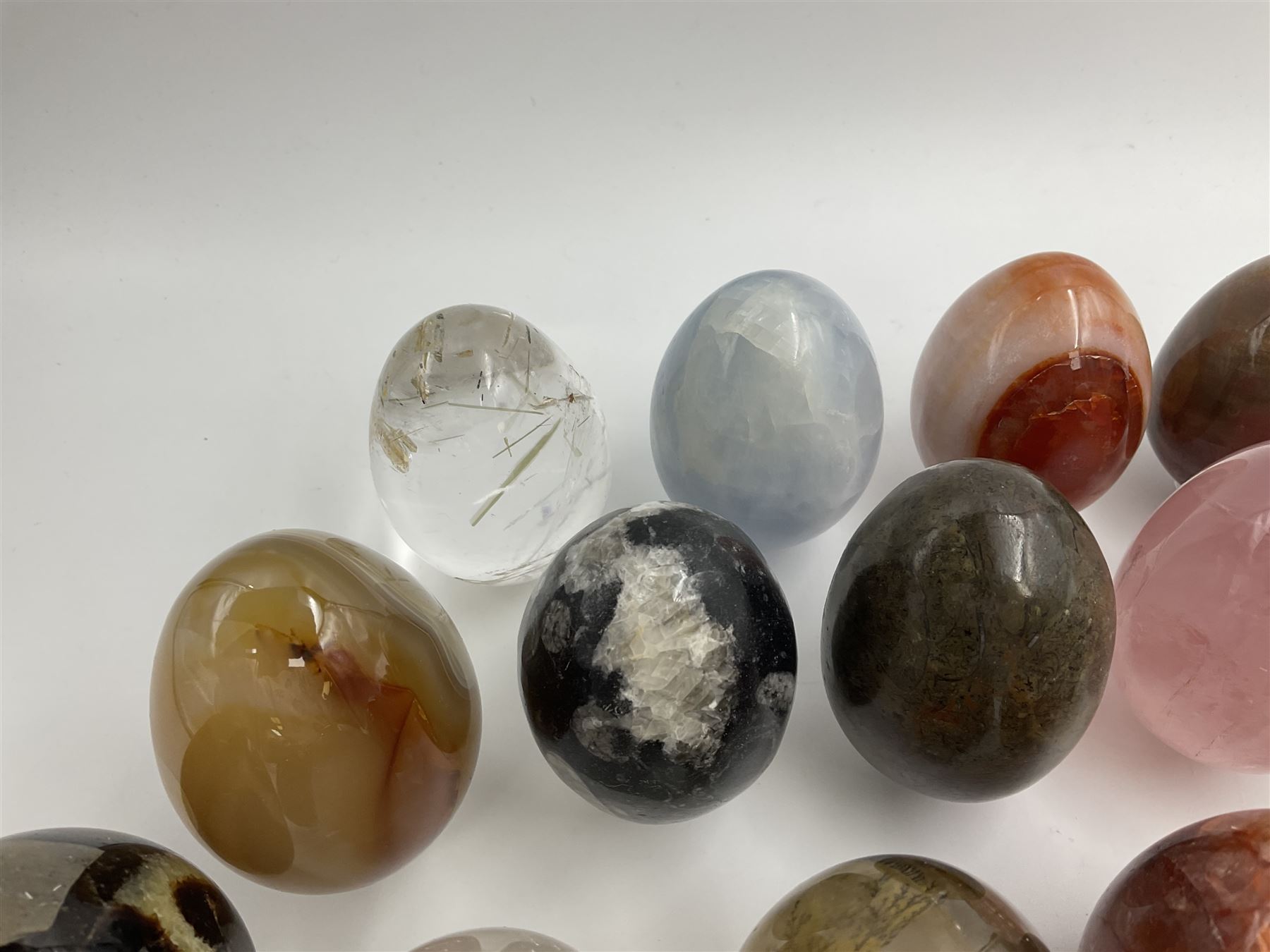 Collection of twenty-one hardstone specimen eggs, including labradorite, calcite, orbicular jasper, tiger's eye, smokey quartz, fossilised wood etc, originally part of the collection of the late Stanley J Seeger