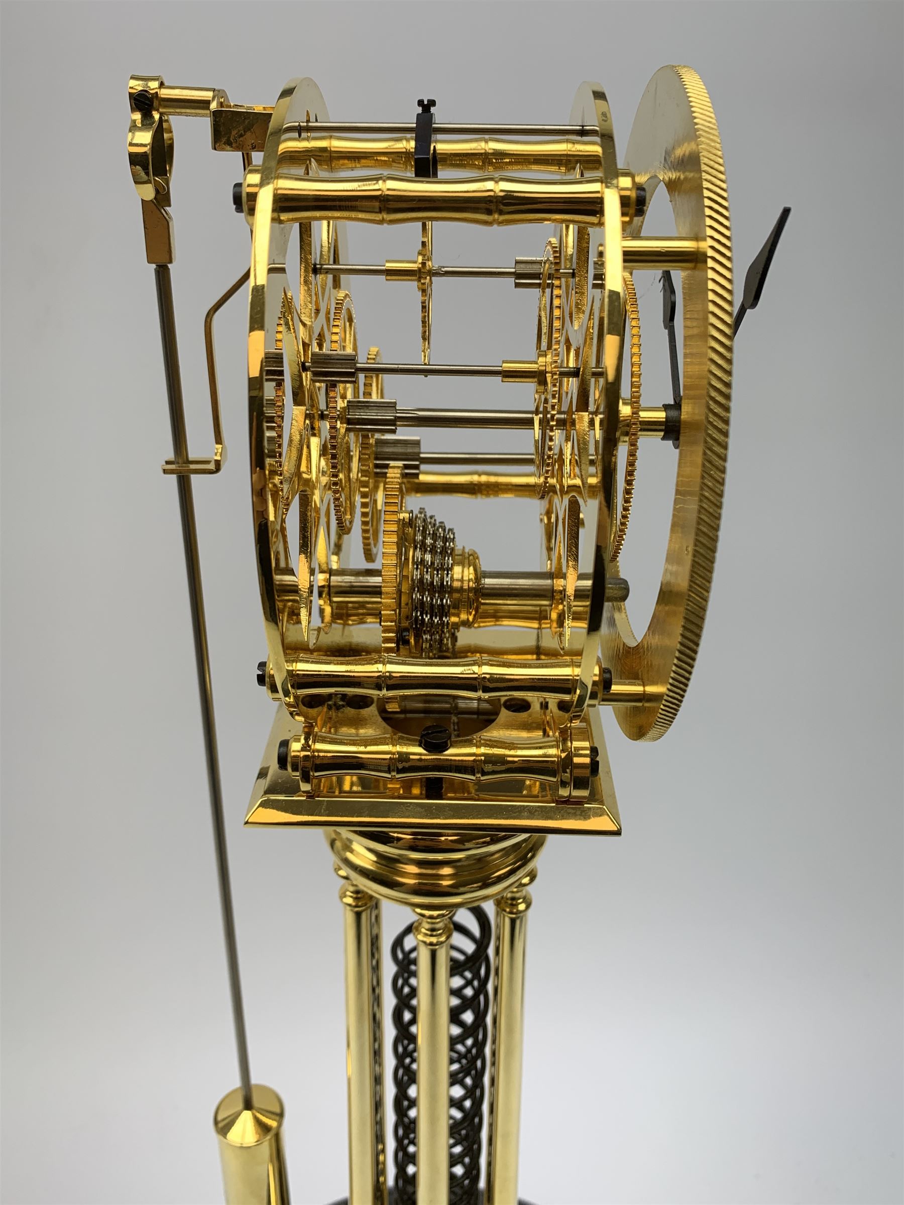 After William Smith of Musselburgh - Contemporary brass skeleton clock, circular enamel Arabic chapter ring signed 'Wm Smith, Musselburgh Maker & Inventor', spring driven fusee movement, on stepped circular black marble base and under glass dome, H60cm (including dome) 