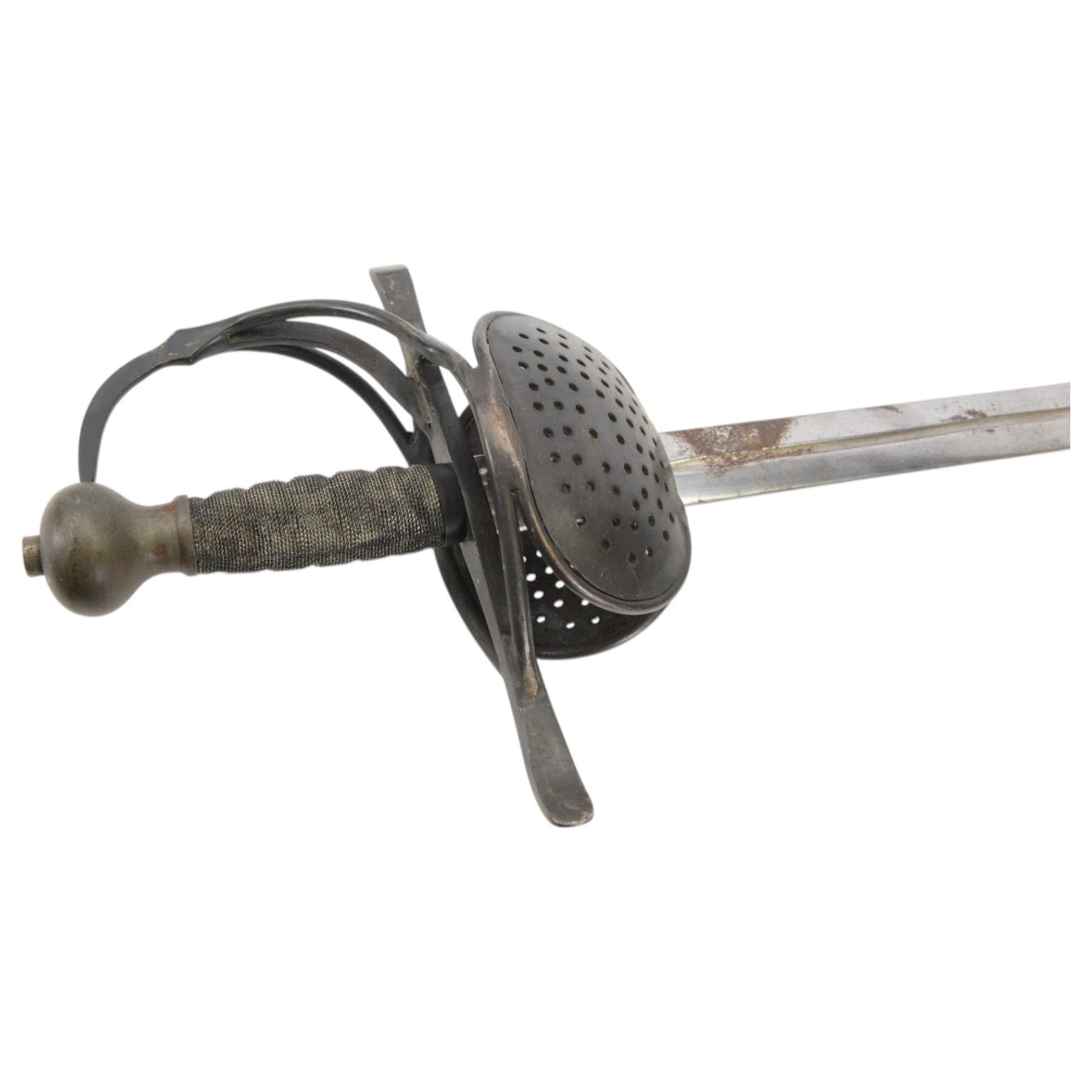 Pappenheimer rapier with L98cm double edged blade, looping narrow bar guard and wire bound grip together with Cup guard rapier, stamped Toledo in leather scabbard 