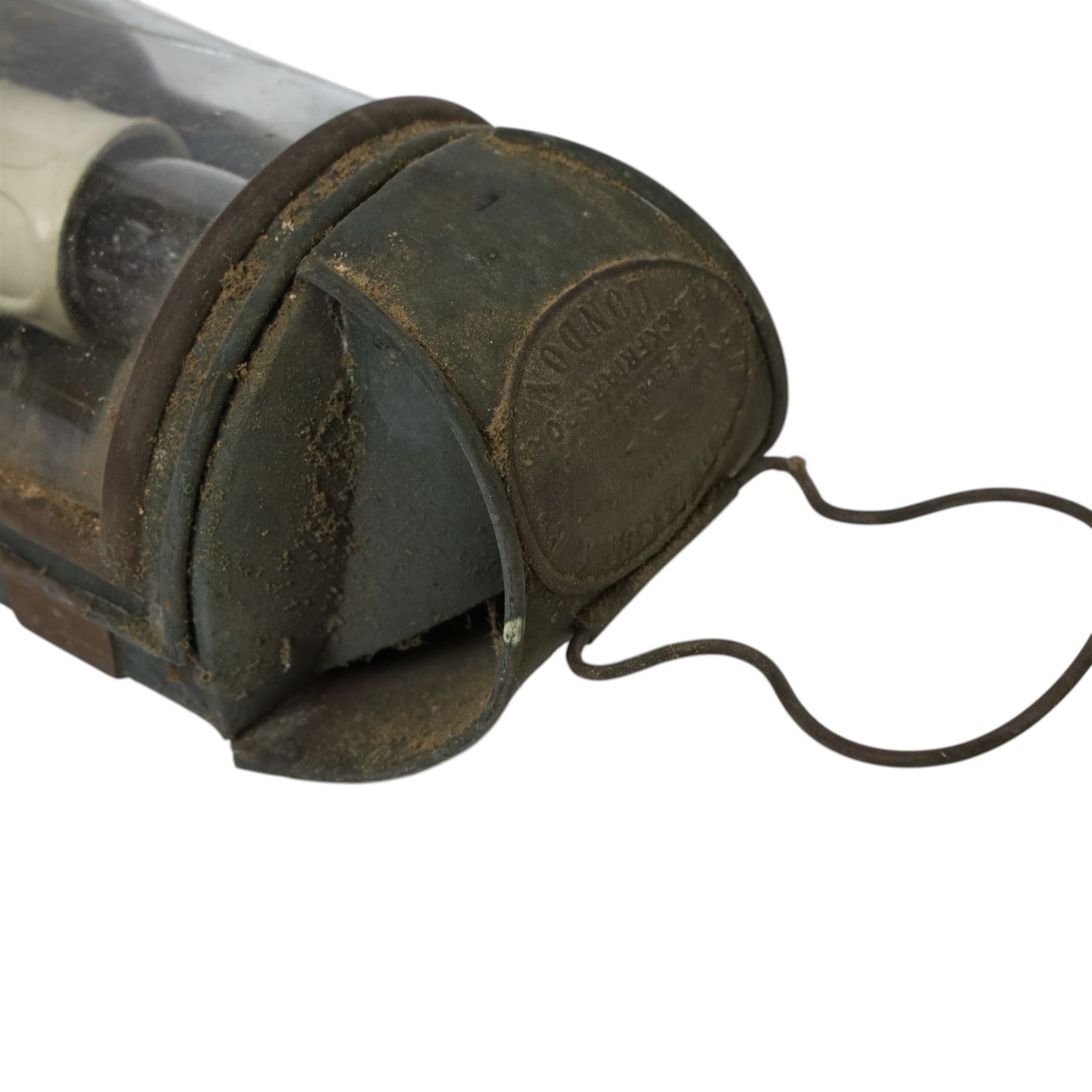 20th century brass and copper carriage lantern, with curved glass front, the brass oval plaque with details for Shand Mason & Co Fire Engine makers, Upper Ground Street, Blackfriars Rd, London, H32cm