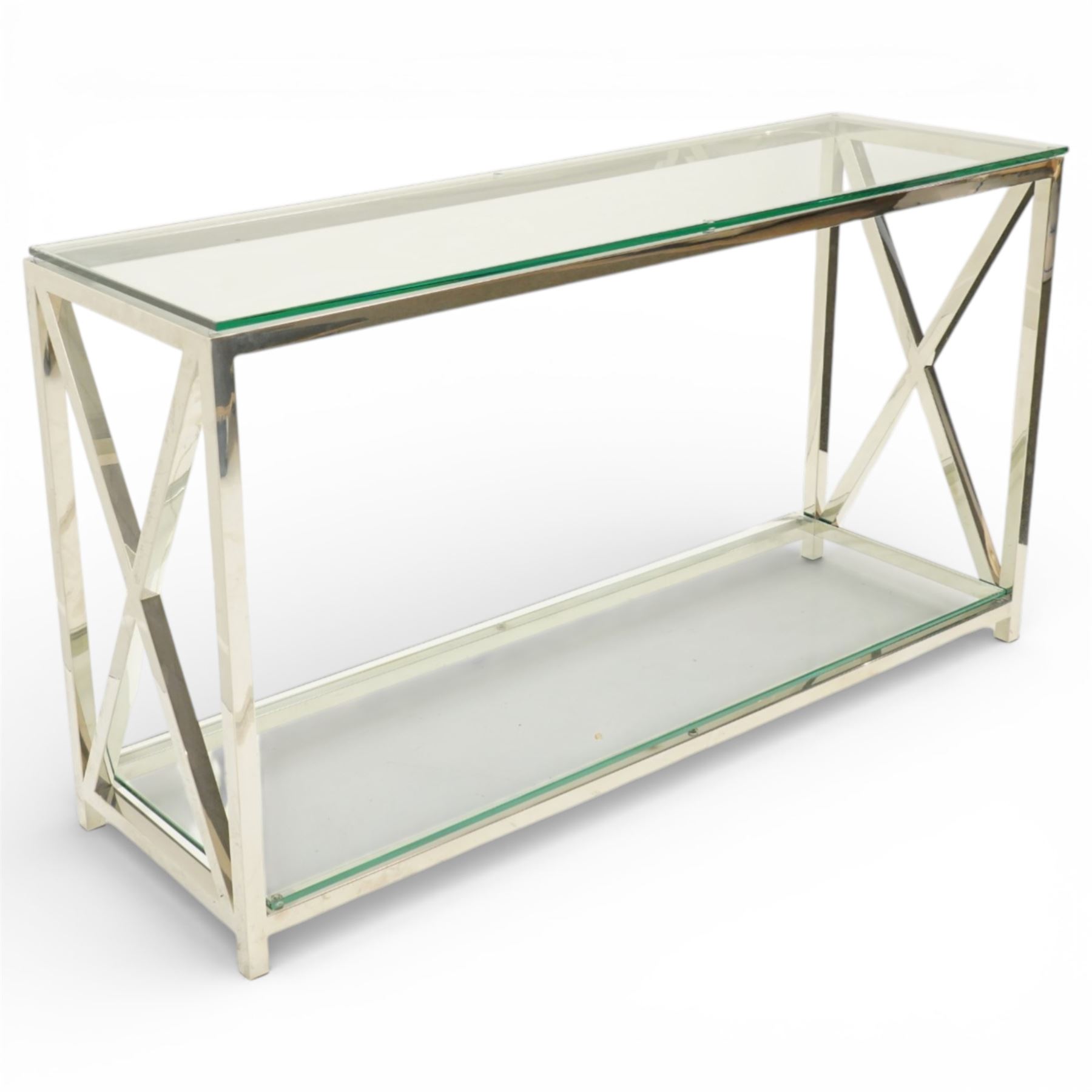 Modern chrome console table, rectangular plate glass top on polished chrome frame, the sides formed with X-frame stretchers, raised on square supports with lower glass tier 