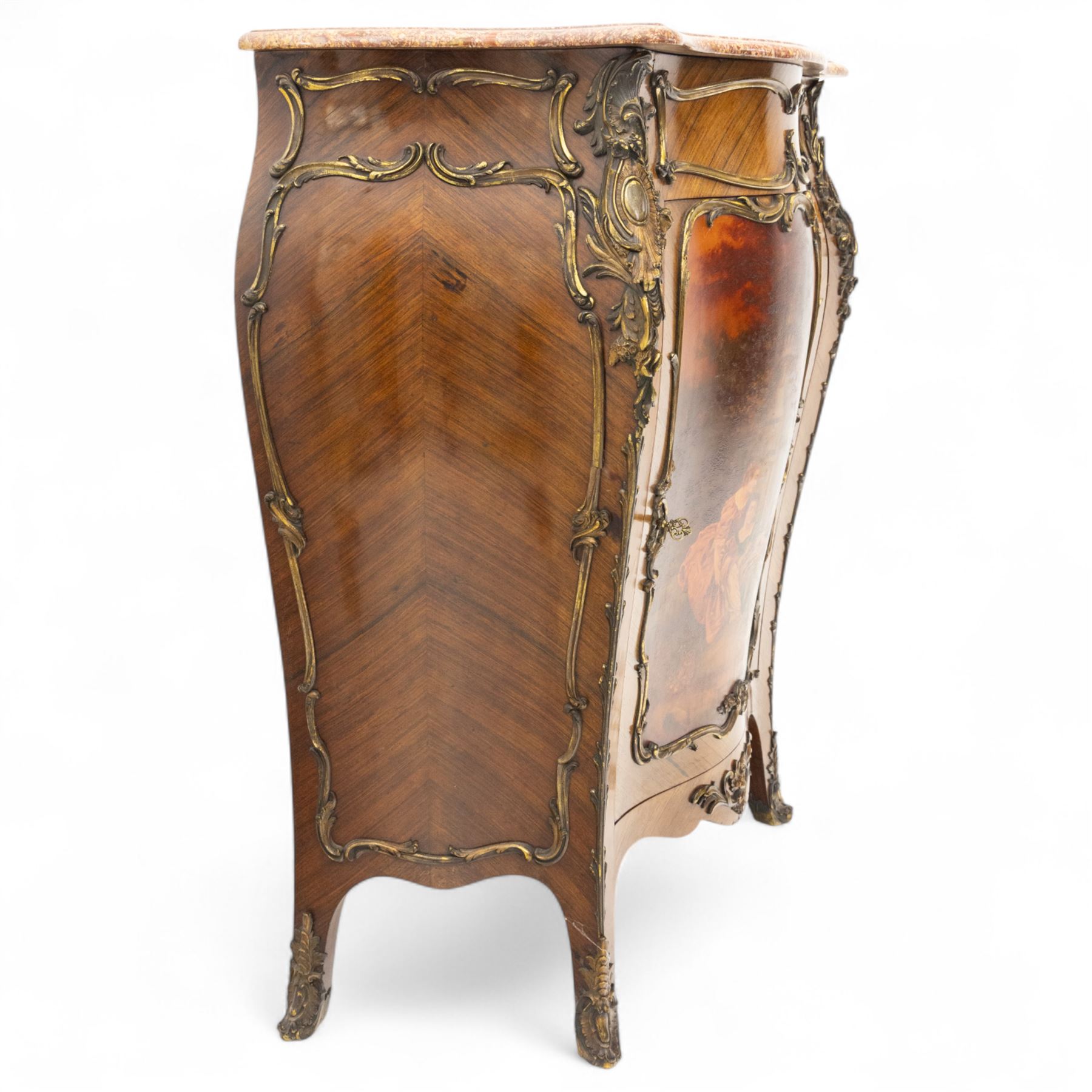 Early 20th-century Louis XV revival Vernis-Martin style bombe-shaped kingwood cabinet, serpentine-shaped variegated Breccia Pernice marble top with moulded edge, the front panel decoration with a painted romantic pastoral scene, interior with two shelves, flanked by gilt bronze masks, sides with diagonally book-matched veneer, bordered by gilt bronze scrolling acanthus mounts, raised on short cabriole form legs with gilt-bronze sabots, key included 
