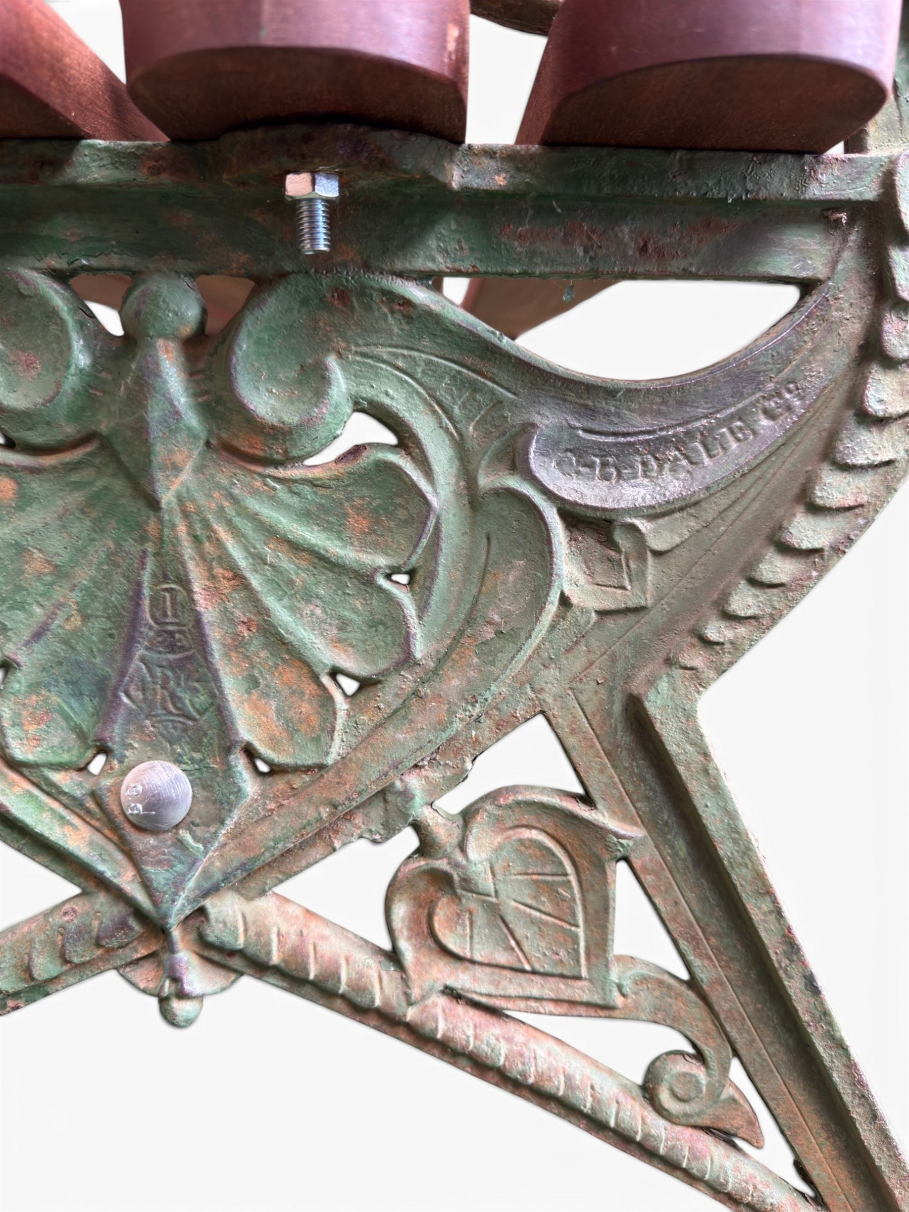 Coalbrookdale - Lily Pad design cast iron an wood slatted garden bench, late 19th century Aesthetic Movement, no. 217569, distressed green paint, iron centre support and seat stretcher, hardwood slatted