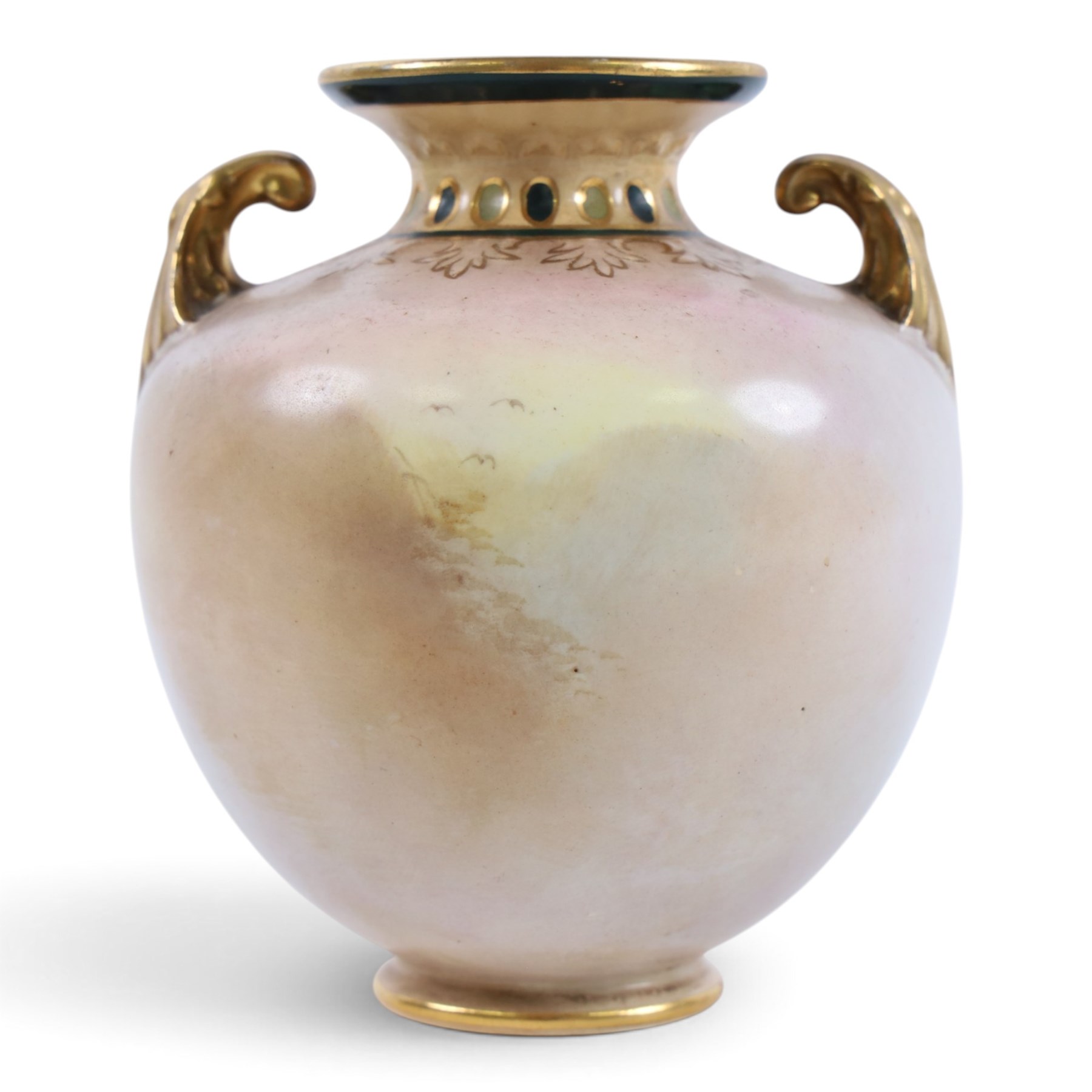 Crown Devon twin-handled ovoid vase, in Pheasants pattern no. 0670, H12cm
