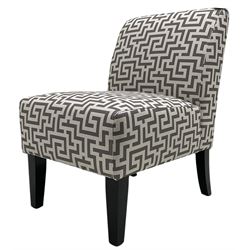 Bedroom chair upholstered in geometric fabric on black finish supports 