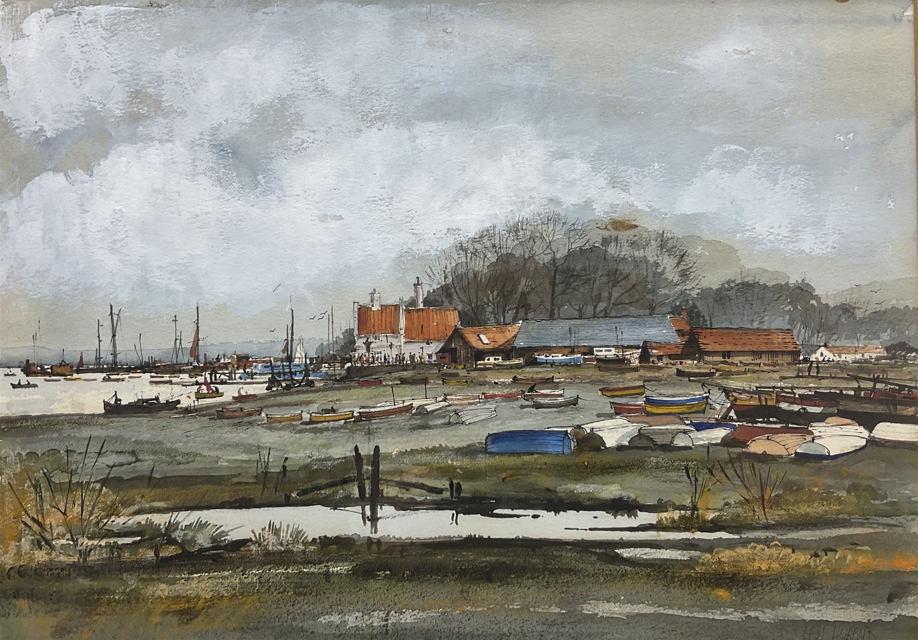 Len Hubbard (British 20th century): The Butt and Oyster Pin Mill, watercolour signed, labelled verso 27cm x 38cm