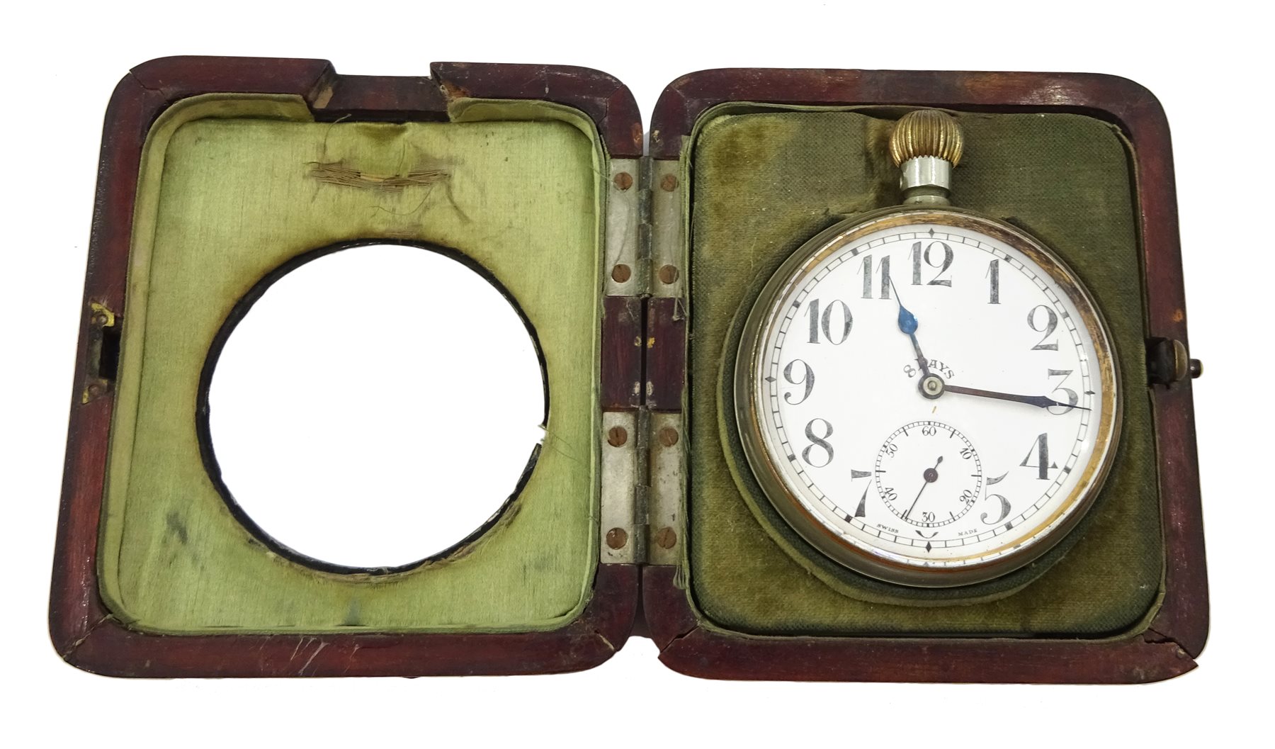 Swiss Argentan Goliath 8 Day nickel cased pocket watch Goliath, movement stamped brevet 33236, in silver mounted case with stand hallmarked