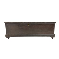 19th century and later oak blanket chest, rectangular hinged top over compartment with candle box, on ceramic castors