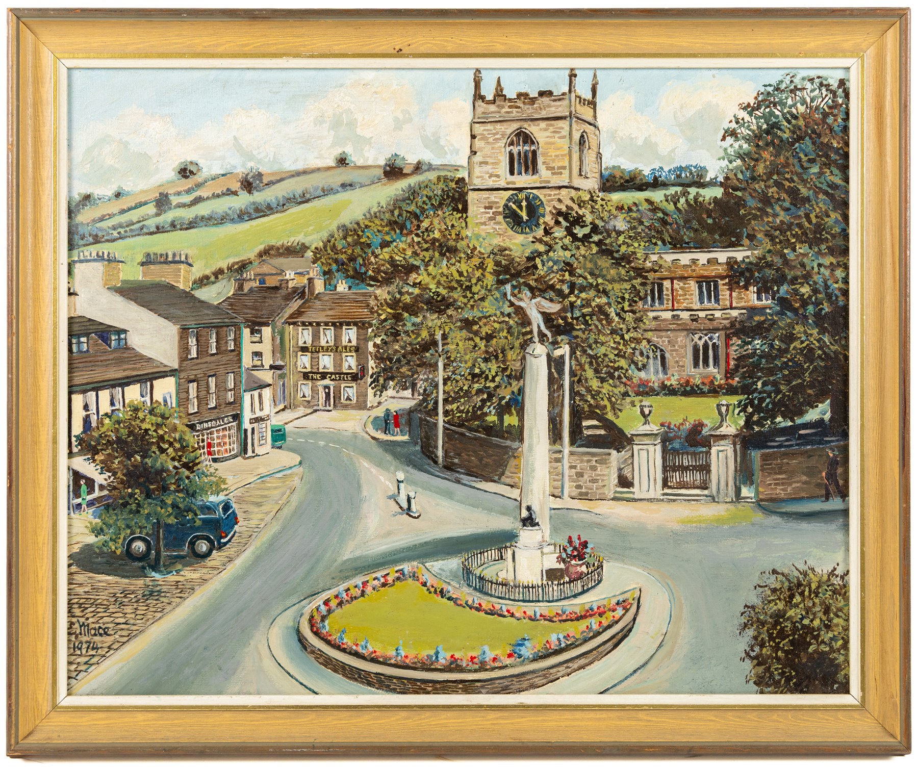 E Mace (British 20th century): Skipton Town Square, oil on board signed and dated 1974, 39.5cm x 49.5cm; Vivien R* (British 20th century): The Humber Estuary, gouache indistinctly signed and dated '93, 24cm x 34.5cm (2)