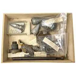Small collection of WW2 shrapnel and German and British shell parts, most with manuscript details of where and when found including London, Leeds, Bristol, Linton-on-Ouse etc