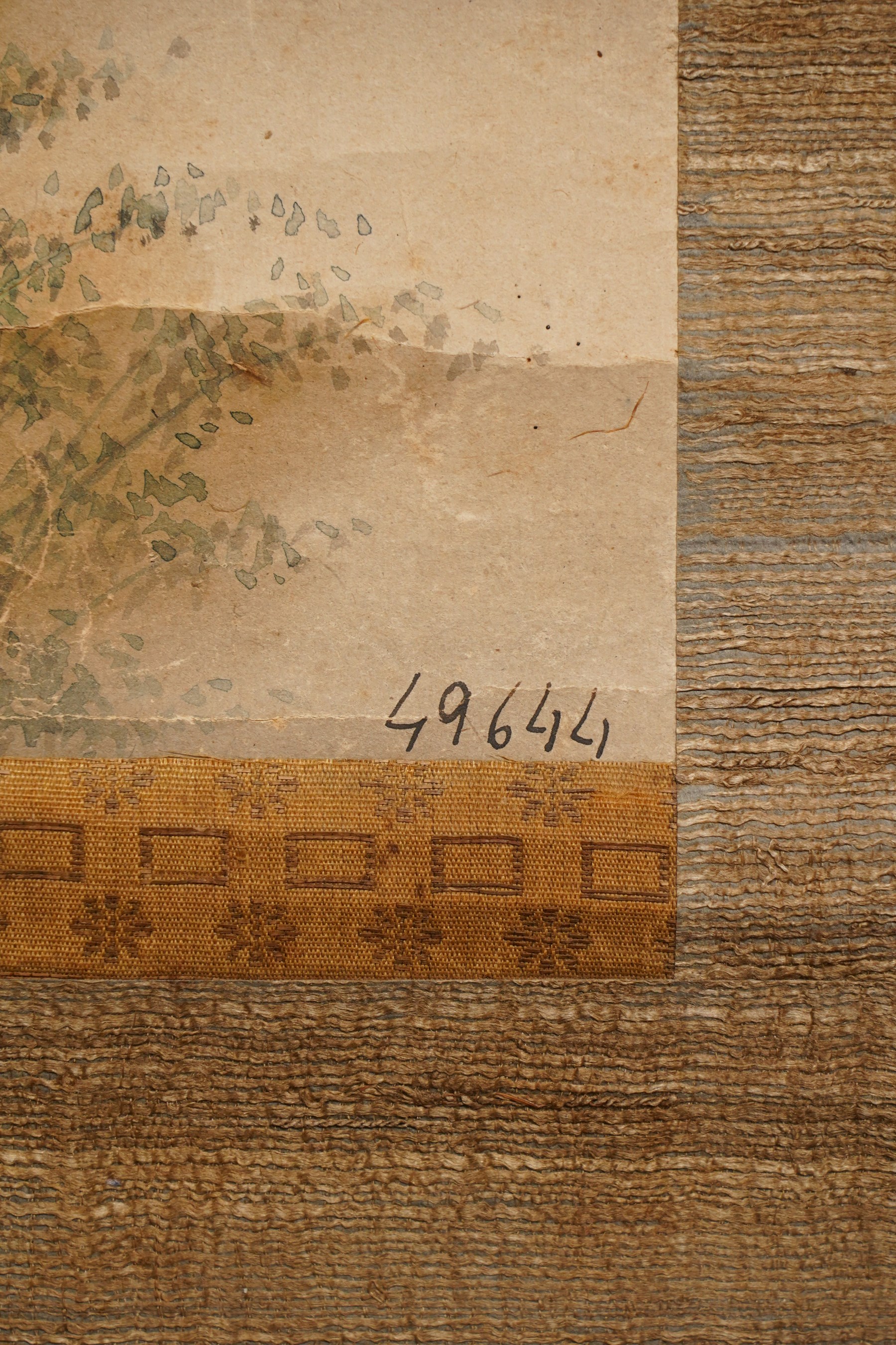 Manner of Kano Shoei Yoshinobu (Japanese 18th/19th Century): Landscape with Mountains, scroll watercolour with seal and inscription, image size 124cm x 48cm 