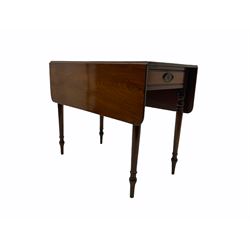 19th century mahogany Pembroke table, rectangular drop leaf top, single drawer to end, turned supports