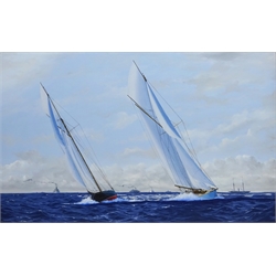 James Miller (British 1962-): America's Cup Series the 8th Challenge 1893 'Valkyrie II' & 'Vigilant', oil on canvas signed, titled verso 44cm x 70cm