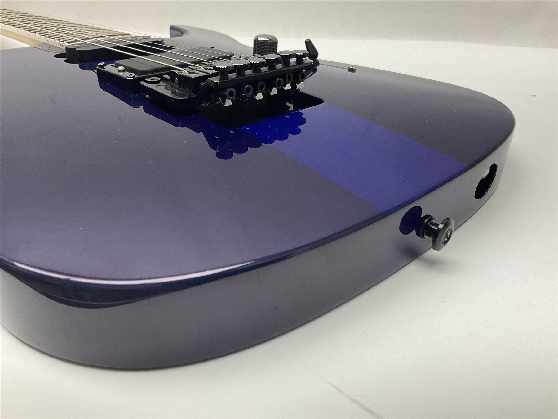 2015 Japanese Caparison Dellinger Prominence hand made boutique rock guitar in spectrum blue with clock inlays and Scaller tremolo; serial no.3200018; L100cm; in fitted case with certificate, registration card, tools etc