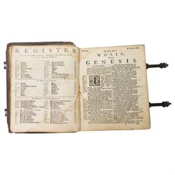 Biblia, dat is de gantsche H. Schrifture..., Dutch States Bible, engraved title, separate New Testament title, metrical Psalms with musical notation, Amsterdam: Ph. Losel, H. Brandt, D. Onder de Linden, G. de Groot, P. Schouten and de Wed. O. van Grafhorst, 1768, contemporary panelled calf with brass clasps, 29 x 23cm