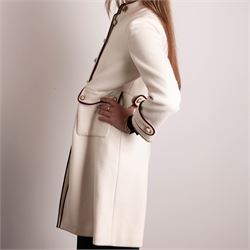 Gucci - bee embroidered wool single-breasted military coat, from the Autumn/Winter 2017 collection under Alessandro Michele, in ivory, with stand collar, red and navy trim, pearlescent and gold-tone button fastening and embroidered bee detailing to the collar, size 14, unused with original garment bag and tags