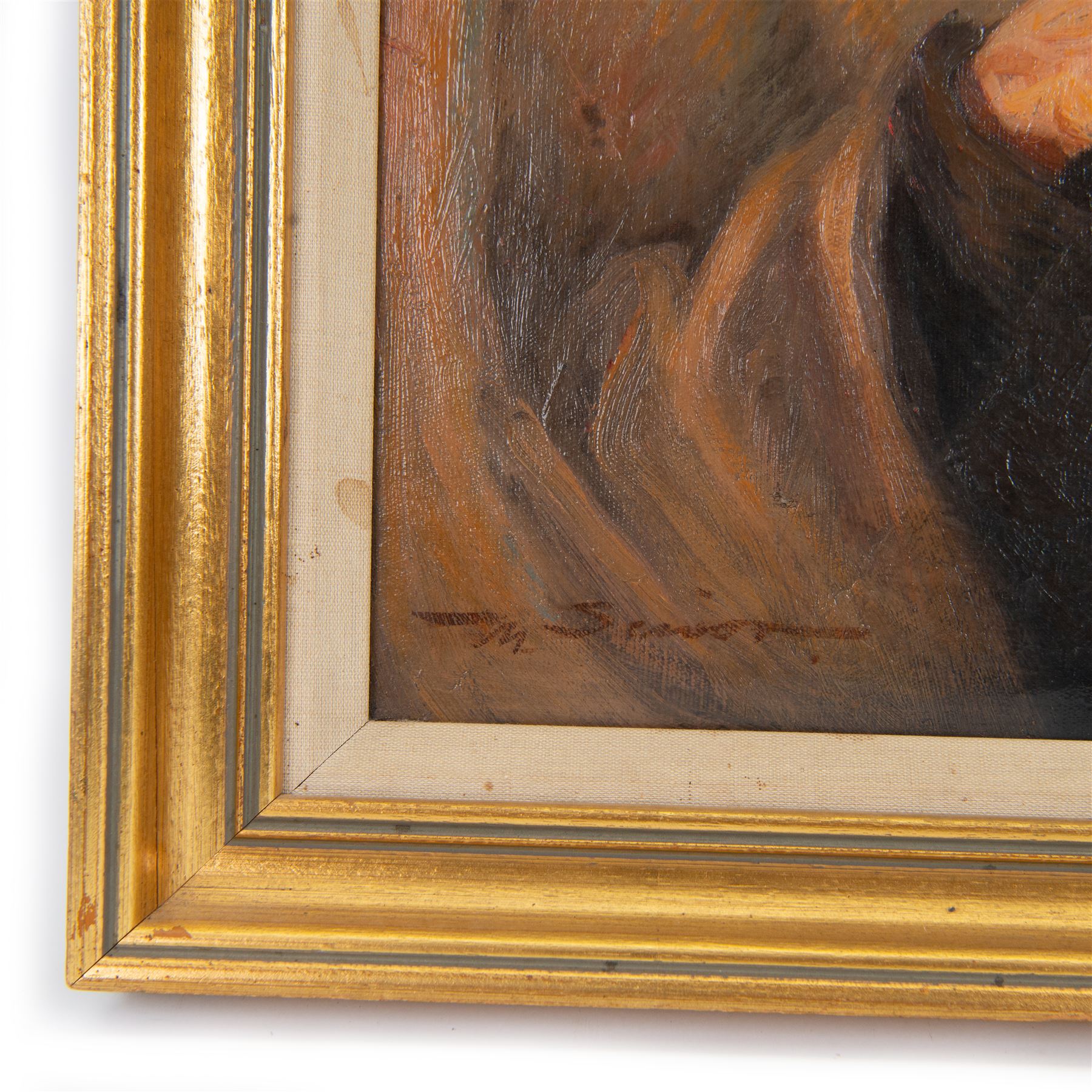 Mark Senior (Staithes Group 1864-1927): 'The Last Flicker' - Portrait of Peggy Calvert, oil on canvas signed 59cm x 49cm
Provenance: exh. Royal Academy 1901 No. 849, faintly inscribed verso. 
Notes: Peggy Calvert served as Senior’s housekeeper, and is known to have frequently sat for his portraits.