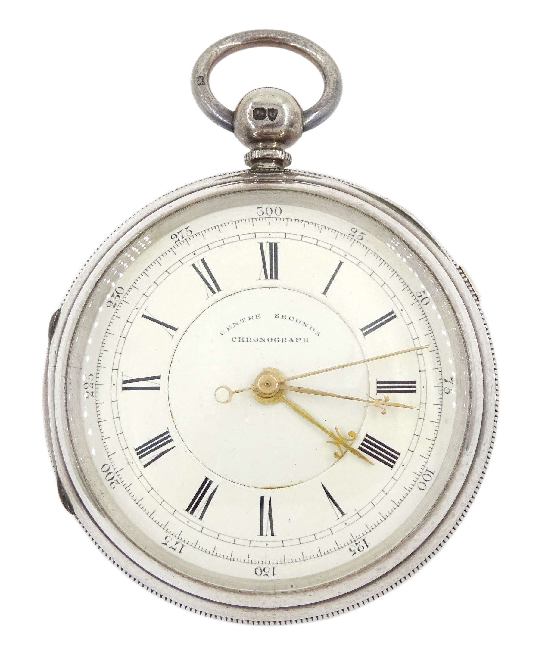 Victorian silver centre seconds key wound chronograph pocket watch by John Blackhurst, Crewe, No. 27206, white enamel dial with Roman numerals, outer track numbered 25-300, case hallmarked Chester 1882