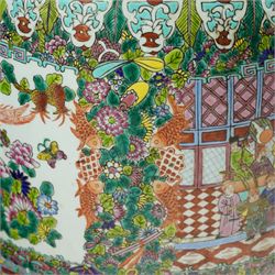 Pair of large 20th century Chinese famille rose floor vases, each of baluster form with waisted neck with gilt foo dog mounted shoulders, and lobed flared rim, decorated with alternating reserves of figures and birds and butterflies amidst blossoming flowers, the white ground profusely detailed with flower heads, each with character mark beneath, H87cm 