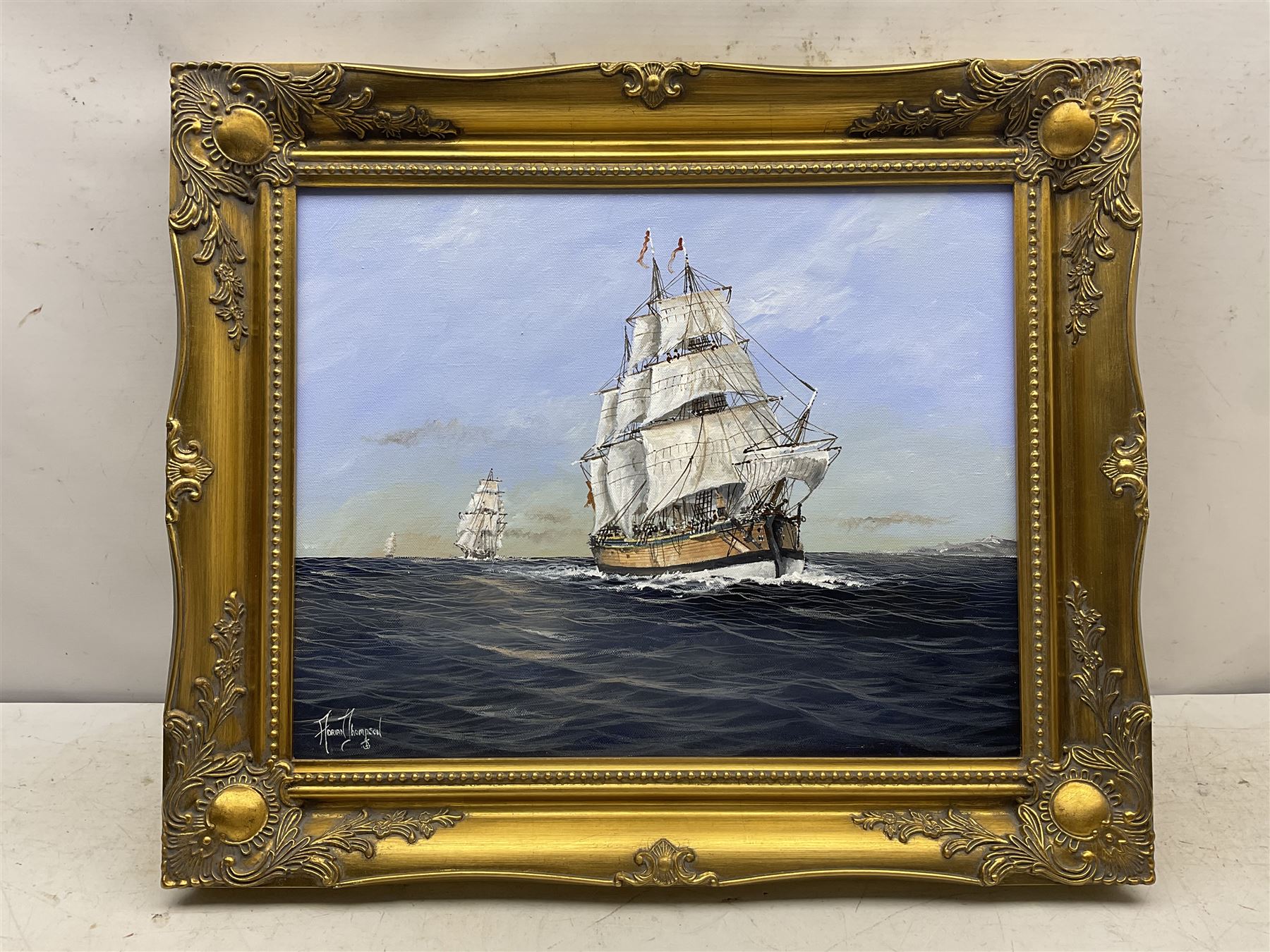 Adrian Thompson (British 1960-): Masted Ships at Sea, oil on canvas signed 40cm x 50cm