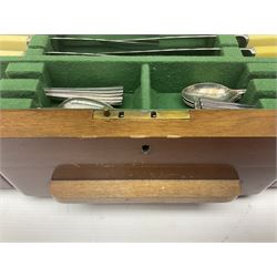 Art Deco canteen of silver plated cutlery for twelve place settings, including table and dessert knives with ivorine handles, retailed by Harrods Ltd, contained within a wooden case, with drawer to base, canteen case H15.5cm