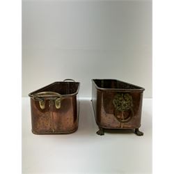 Copper and brass planter, of oval form, with twin lion's head and ring handles, together with two similar rectangular planters  