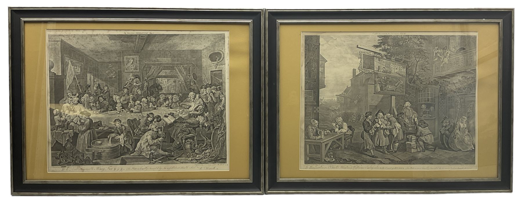 After William Hogarth (British 1697-1764): 'Humours of an Election' - 'An Election Entertainment Plate I' 'Canvassing for Votes Plate II' 'The Polling Plate III' and 'Chairing the Members Plate IV', complete set four engravings originally pub. 1775-1758, 43cm x 56cm (4)