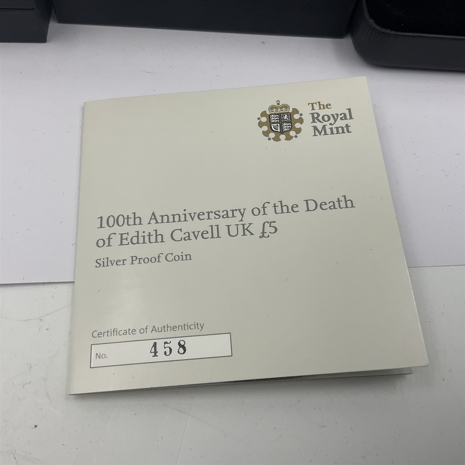 Three The Royal Mint United Kingdom silver proof five pound coins, comprising 2012 'London 2012 Paralympic', 2015 '100th Anniversary of the Death of Edith Cavell' and 2017 'Remembrance Day' piedfort, all cased with certificates 
