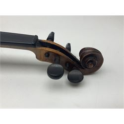 Late 19th century German trade violin c1890 with 36cm two-piece birds-eye maple back, neck and ribs and spruce top; bears label 'Manufactured in Berlin Special Copy of Nicolaus Amati' L59.5cm; in carrying case