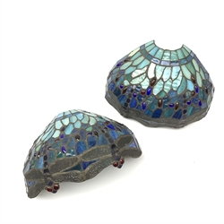 A pair of Tiffany style leaded glass wall shades, in blue tones and detailed with dragonflies, approximately H20cm. 