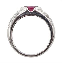 18ct white gold marquise shaped ruby ring, with pave set diamond shoulders, stamped 750