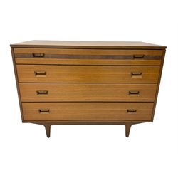 Butilux - mid-20th century teak chest, fitted with five graduating drawers, the top with horizontal reeding decoration, raised on tapering supports